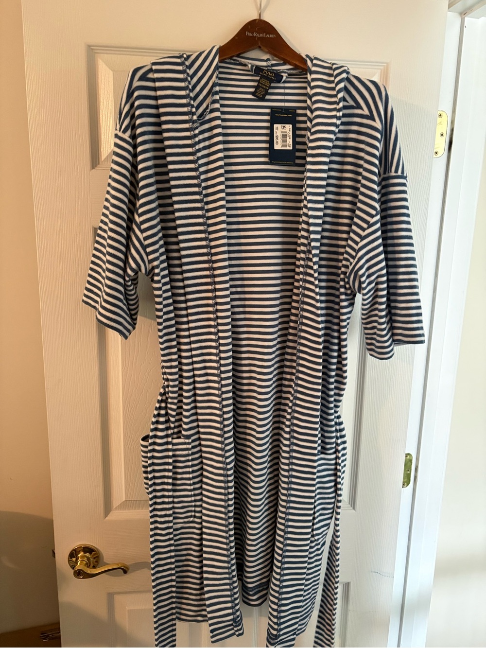 NEW Polo by Ralph Lauren Navy & White Striped Hooded Robe